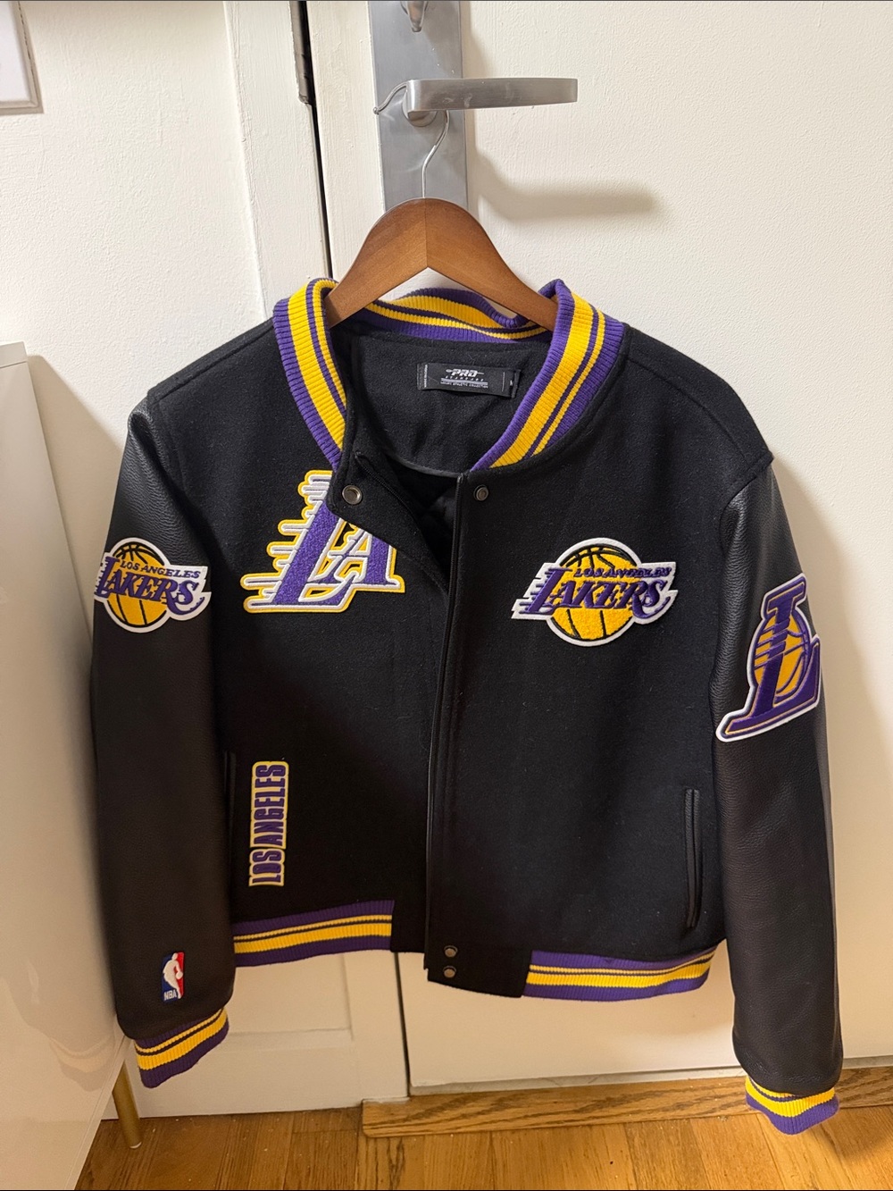 Pro Standard Black Varsity Jacket with Purple & Gold Trim - Lakers Patch